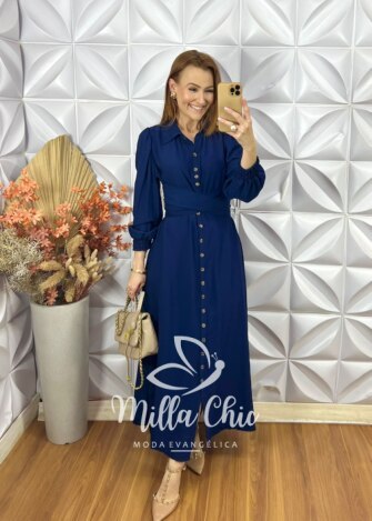 Milla Chic - millachic com br vestido keila em viscose acetinada azul escuro 2 Vestido Keila Em Viscose Acetinada - Azul Escuro - Milla Chic