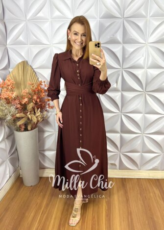 Vestido Keila Em Viscose Acetinada - Marrom - Milla Chic