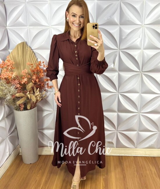 Vestido Keila Em Viscose Acetinada - Marrom - Milla Chic