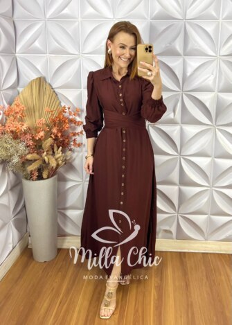 Vestido Keila Em Viscose Acetinada - Marrom - Milla Chic