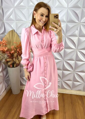 Vestido Keila Em Viscose Acetinada - Rosa Baby - Milla Chic