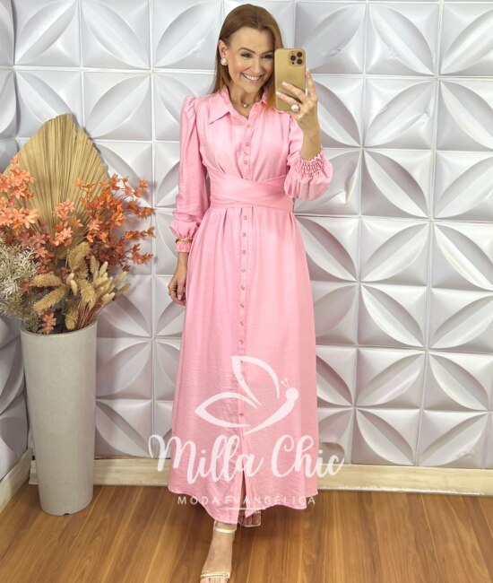 Vestido Keila Em Viscose Acetinada - Rosa Baby - Milla Chic