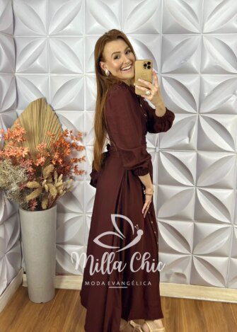 Vestido Keila Em Viscose Acetinada - Marrom - Milla Chic