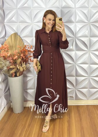 Vestido Keila Em Viscose Acetinada - Marrom - Milla Chic