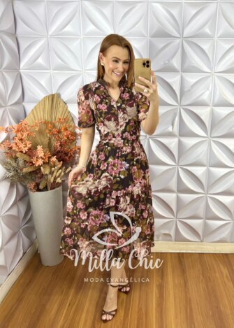 Vestido Letícia Em Chiffon Estampado - Cores de Outono - Milla Chic