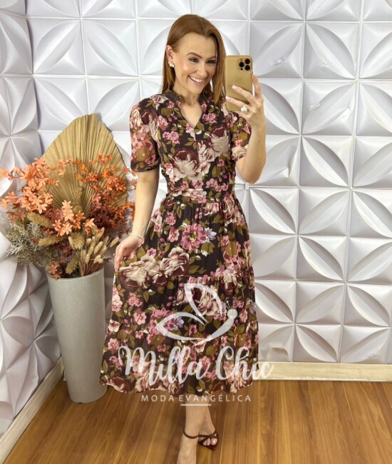 Vestido Letícia Em Chiffon Estampado - Cores de Outono - Milla Chic