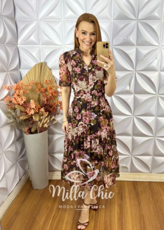 Vestido Letícia Em Chiffon Estampado - Cores de Outono - Milla Chic