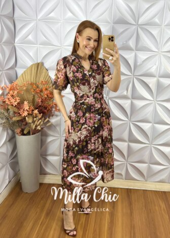 Vestido Letícia Em Chiffon Estampado - Cores de Outono - Milla Chic
