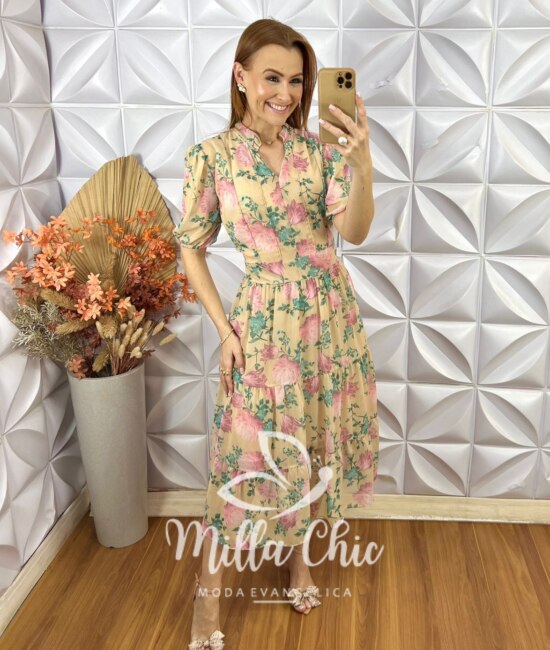 Vestido Letícia Em Chiffon Estampado - Nude - Milla Chic