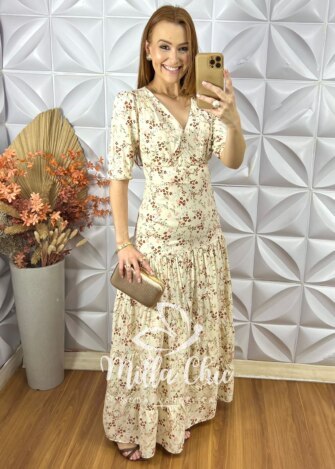 Vestido longo Estefânia Em Viscose - Creme - Milla Chic