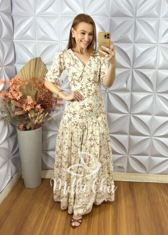 Vestido longo Estefânia Em Viscose - Creme - Milla Chic