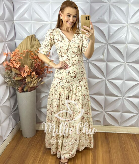 Vestido longo Estefânia Em Viscose - Creme - Milla Chic