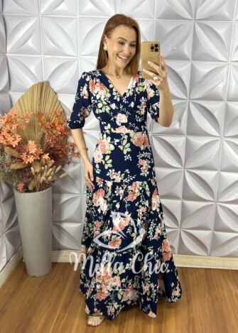 Vestido Longo Estefânia Em Viscose - Azul Florido - Milla Chic