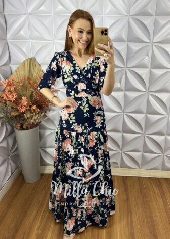 Vestido Longo Estefânia Em Viscose - Azul Florido - Milla Chic