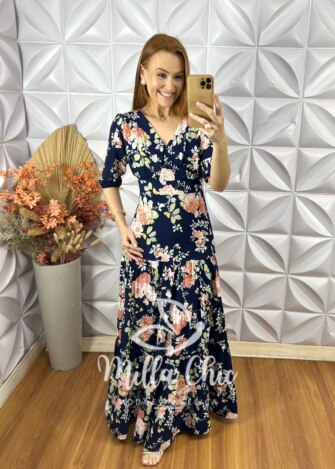 Vestido Longo Estefânia Em Viscose - Azul Florido - Milla Chic