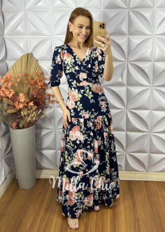 Vestido Longo Estefânia Em Viscose - Azul Florido - Milla Chic