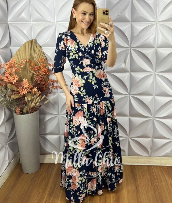 Vestido Longo Estefânia Em Viscose - Azul Florido - Milla Chic