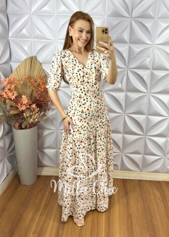 Vestido Longo Estefânia Em Viscose -  Areia - Milla Chic