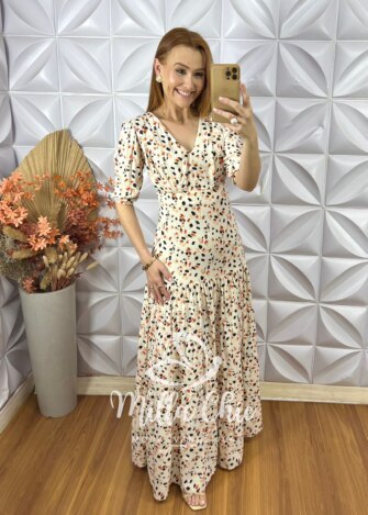 Vestido Longo Estefânia Em Viscose -  Areia - Milla Chic