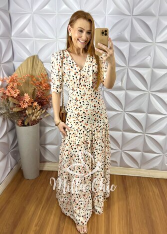 Vestido Longo Estefânia Em Viscose -  Areia - Milla Chic