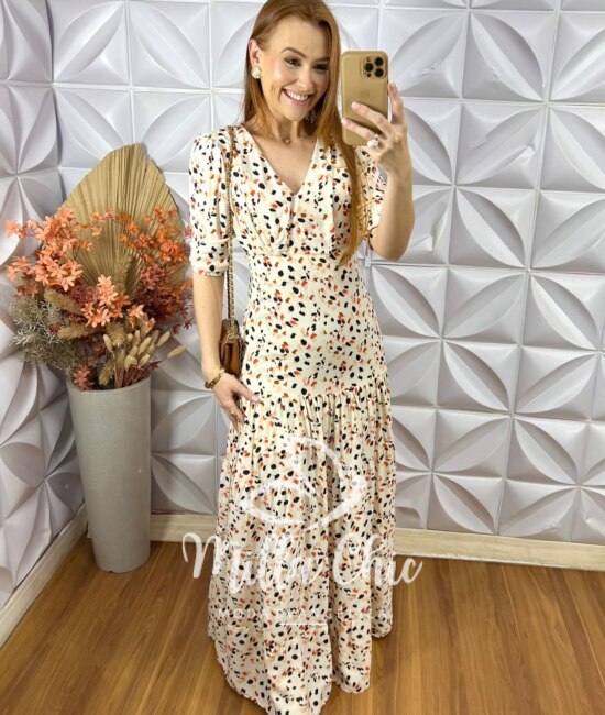 Vestido Longo Estefânia Em Viscose -  Areia - Milla Chic