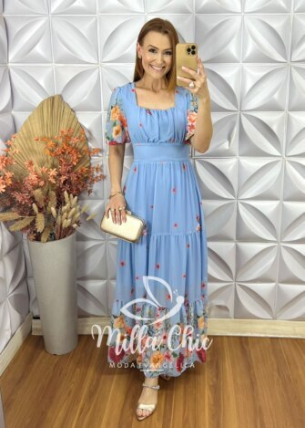 Vestido Longo Heloísa Em Chiffon - Azul - Milla Chic
