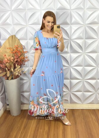 Vestido Longo Heloísa Em Chiffon - Azul - Milla Chic