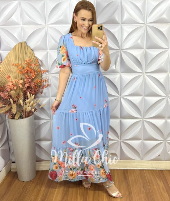 Vestido Longo Heloísa Em Chiffon - Azul - Milla Chic