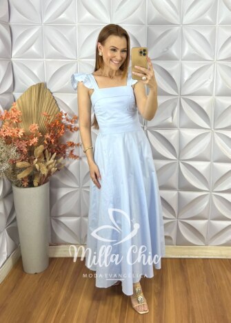 Vestido Marília Em Tricoline Algodão - Azul Baby - Milla Chic