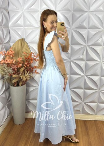 Vestido Marília Em Tricoline Algodão - Azul Baby - Milla Chic