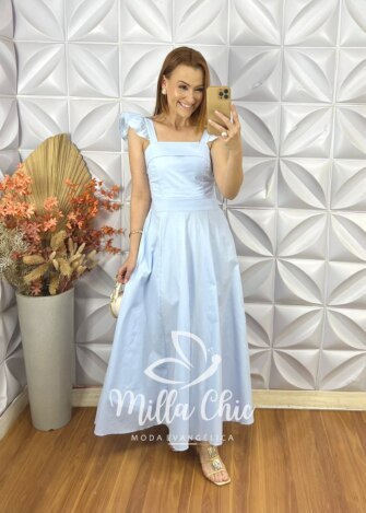 Vestido Marília Em Tricoline Algodão - Azul Baby - Milla Chic
