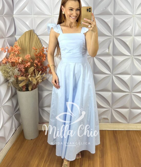 Vestido Marília Em Tricoline Algodão - Azul Baby - Milla Chic