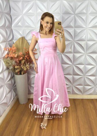 Vestido Marília Em Tricoline Algodão - Rosa Baby - Milla Chic
