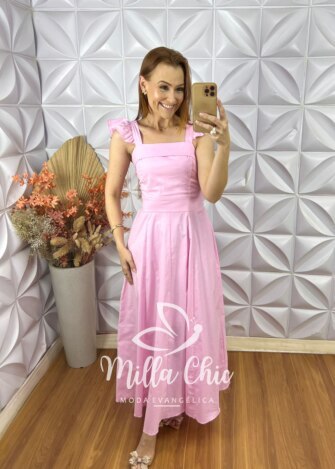 Vestido Marília Em Tricoline Algodão - Rosa Baby - Milla Chic