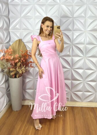Vestido Marília Em Tricoline Algodão - Rosa Baby - Milla Chic