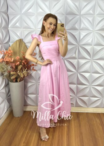 Vestido Marília Em Tricoline Algodão - Rosa Baby - Milla Chic