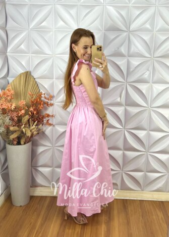 Vestido Marília Em Tricoline Algodão - Rosa Baby - Milla Chic