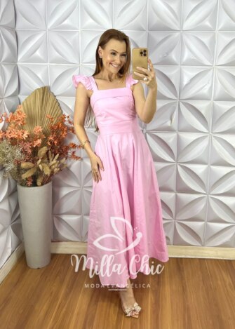 Vestido Marília Em Tricoline Algodão - Rosa Baby - Milla Chic