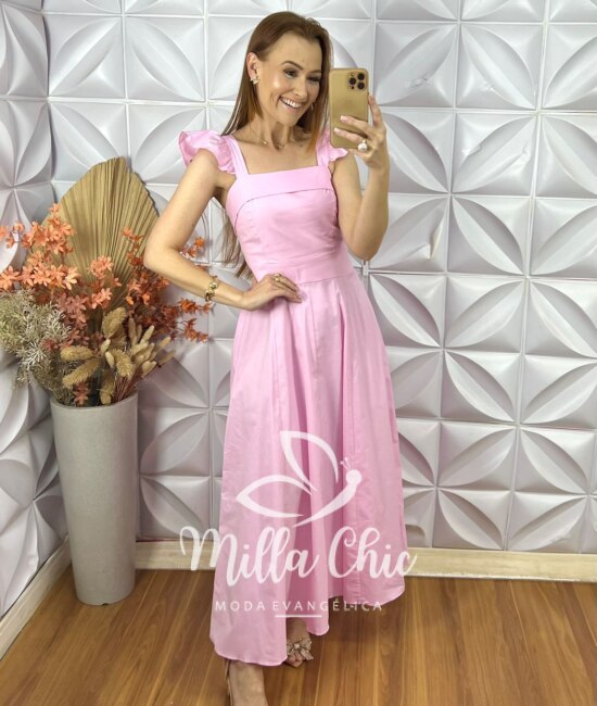 Vestido Marília Em Tricoline Algodão - Rosa Baby - Milla Chic