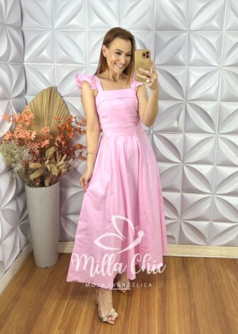 Vestido Marília Em Tricoline Algodão - Rosa Baby - Milla Chic
