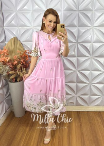 Vestido Meire Em Chiffon - Rosa - Milla Chic