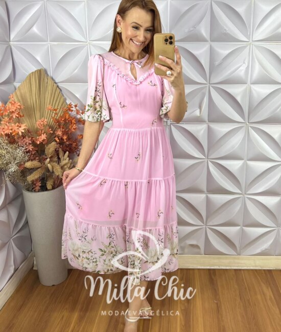 Vestido Meire Em Chiffon - Rosa - Milla Chic