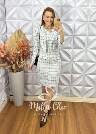 Milla Chic - millachic com br vestido tina com casaco em tweed branco 4 Vestido Tina Com Casaco Em Tweed - Branco Gelo - Milla Chic