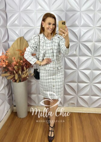 Milla Chic - millachic com br vestido tina com casaco em tweed branco 5 Vestido Tina Com Casaco Em Tweed - Branco Gelo - Milla Chic