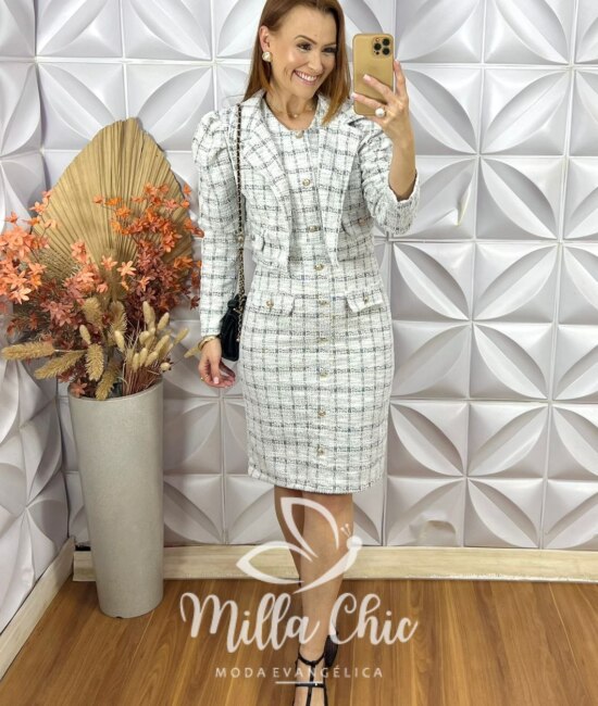 Vestido Tina Com Casaco Em Tweed - Branco Gelo - Milla Chic