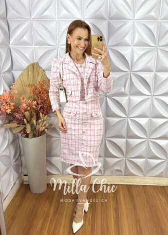 Milla Chic - millachic com br vestido tina com casaco em tweed rosa 10 Vestido Tina Com Casaco Em Tweed - Rosa - Milla Chic