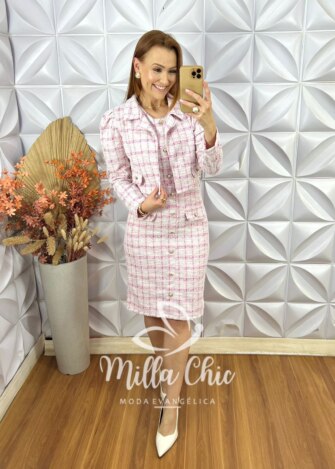 Vestido Tina Com Casaco Em Tweed - Rosa - Milla Chic