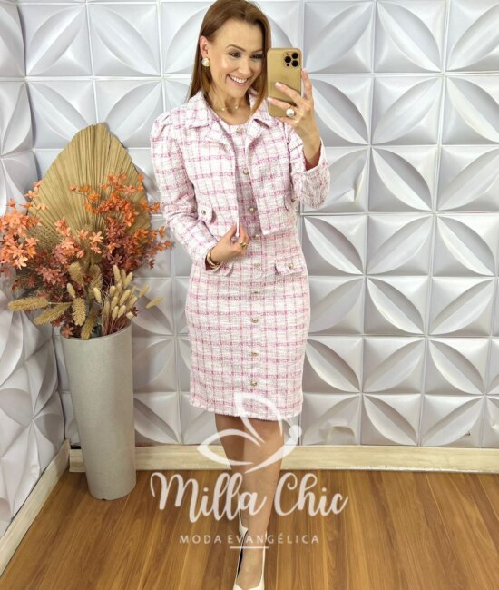 Vestido Tina Com Casaco Em Tweed - Rosa - Milla Chic