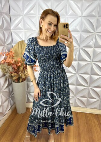 Vestido Veridiana Em Viscolinho - Azul - Milla Chic