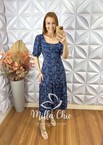 Vestido Tainá em Viscolinho - Azul marinho - Milla Chic